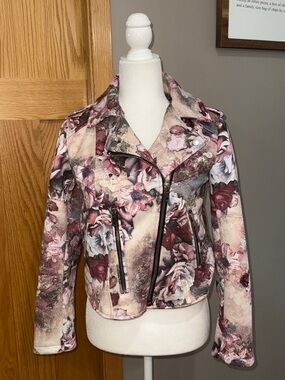 Zara Floral Biker Jacket - Pink, Burgundy & Cream